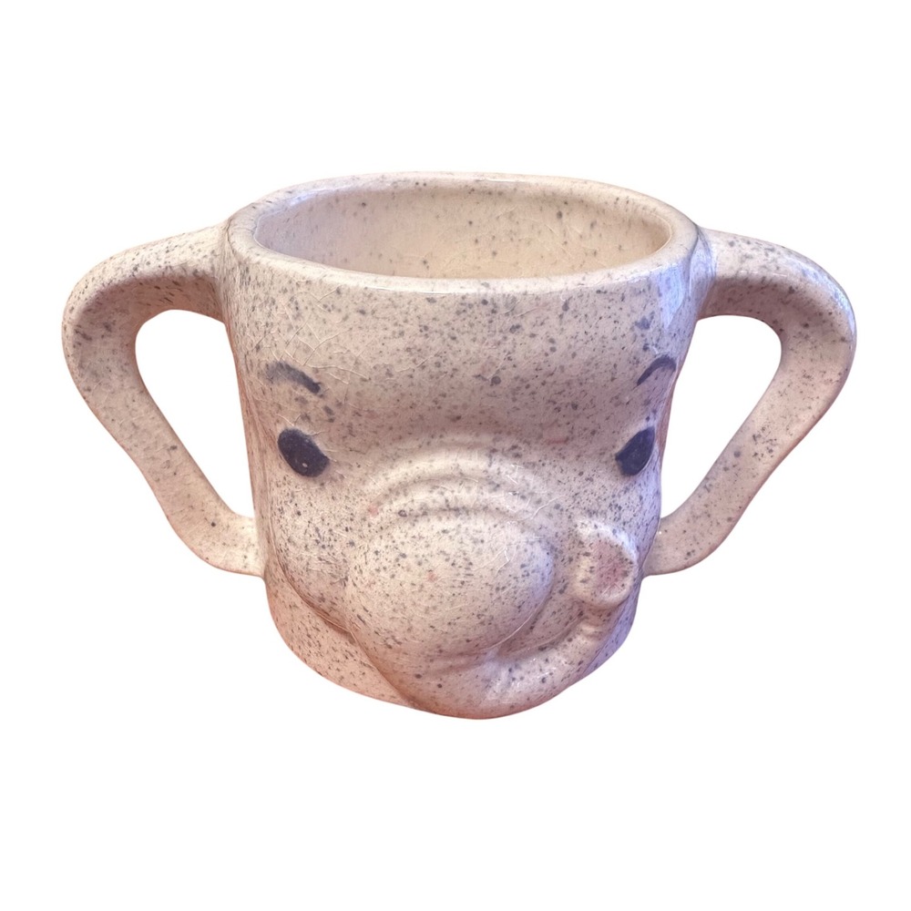 Holland Mold Elephant Mug Child Cup Cream Speckled Good Vintage 2 Handle 3D Face
